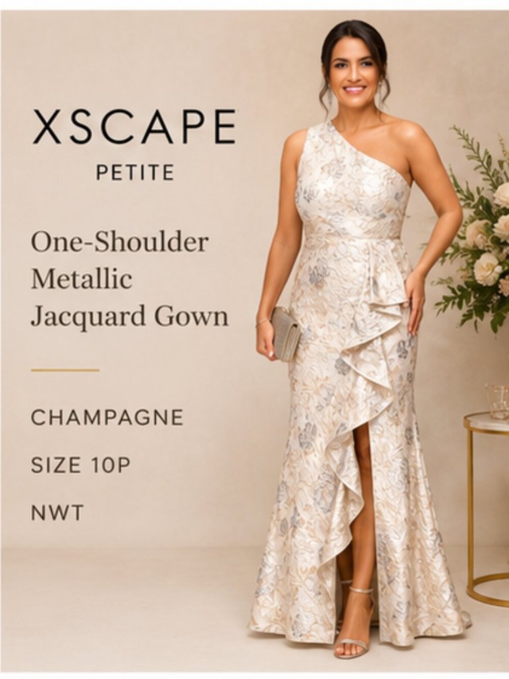 Xscape Petite One-Shoulder Metallic Jacquard Gown – Champagne – Size 10P NWT